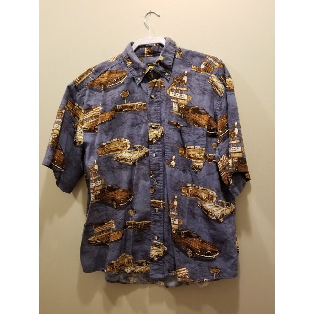 Work n' Sport Short Sleeve Button Down Shirt Classic American Muscle Cars Size L